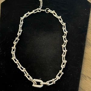 NWT Silver Horseshoe Buckle Double Ring Necklace with Crystals. Gold plated